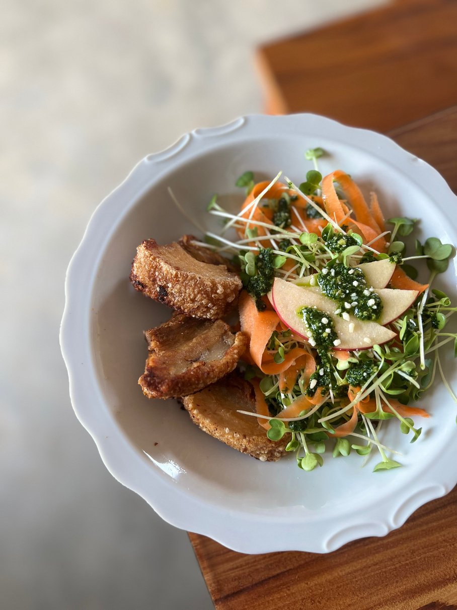 Microgreens Salad with Crispy Pork